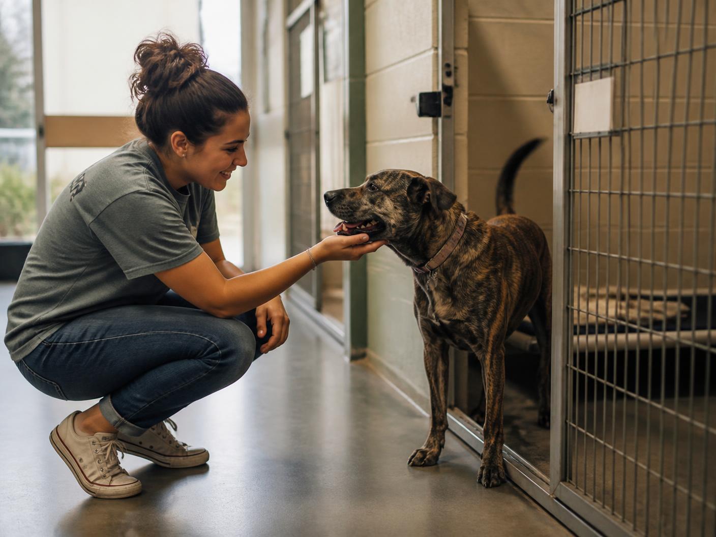 A woman crouching to greet an adult rescue dog at a shelter