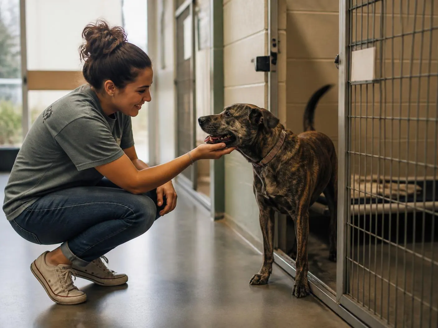 A woman crouching to greet an adult rescue dog at a shelter