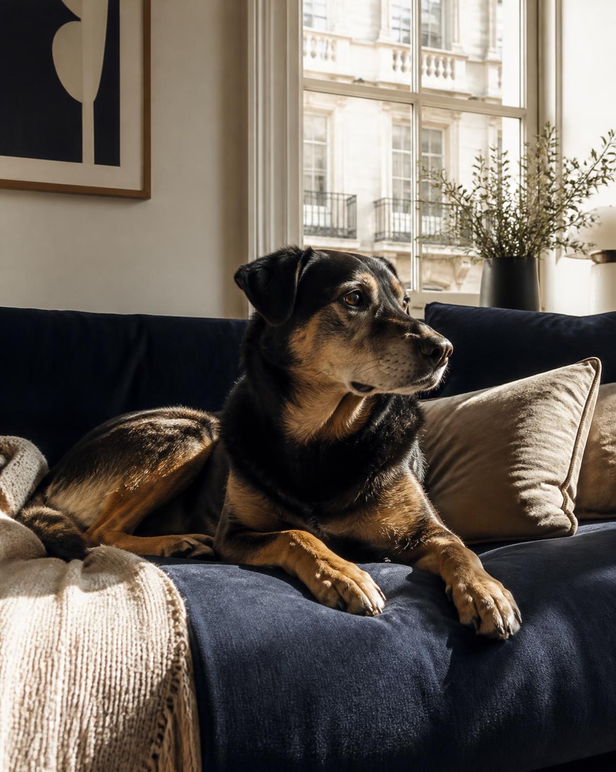 A calm adult dog resting on a sofa in a sunlit flat
