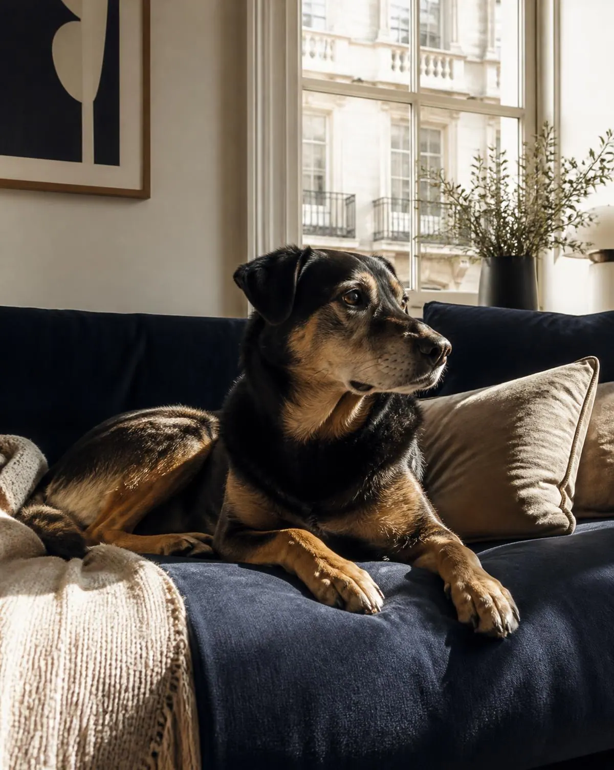 A calm adult dog resting on a sofa in a sunlit flat