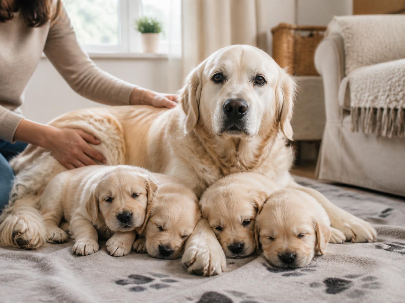 A mother dog resting with her puppies on a blanket in a family living room