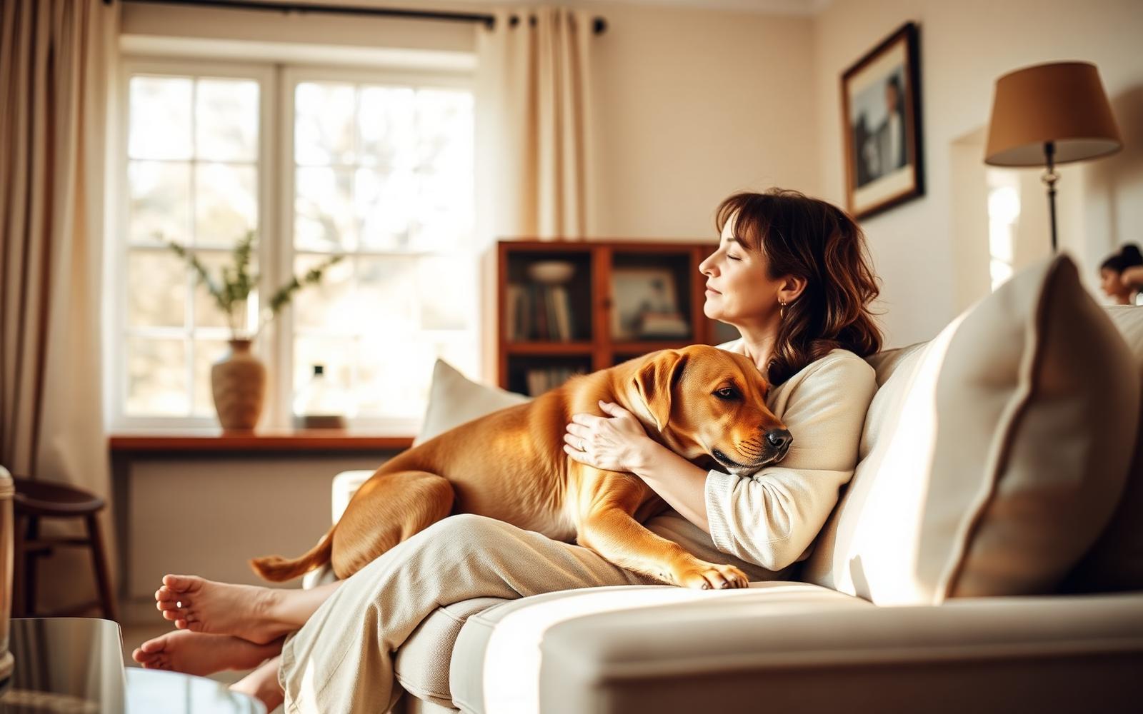 An owner calmly checking over her dog at home