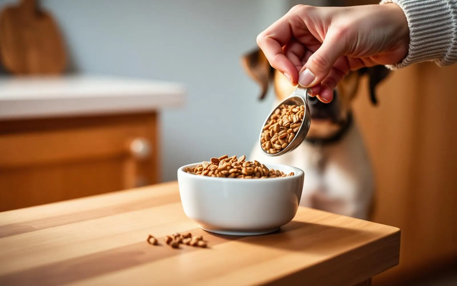 A bowl of dog food being measured in a kitchen