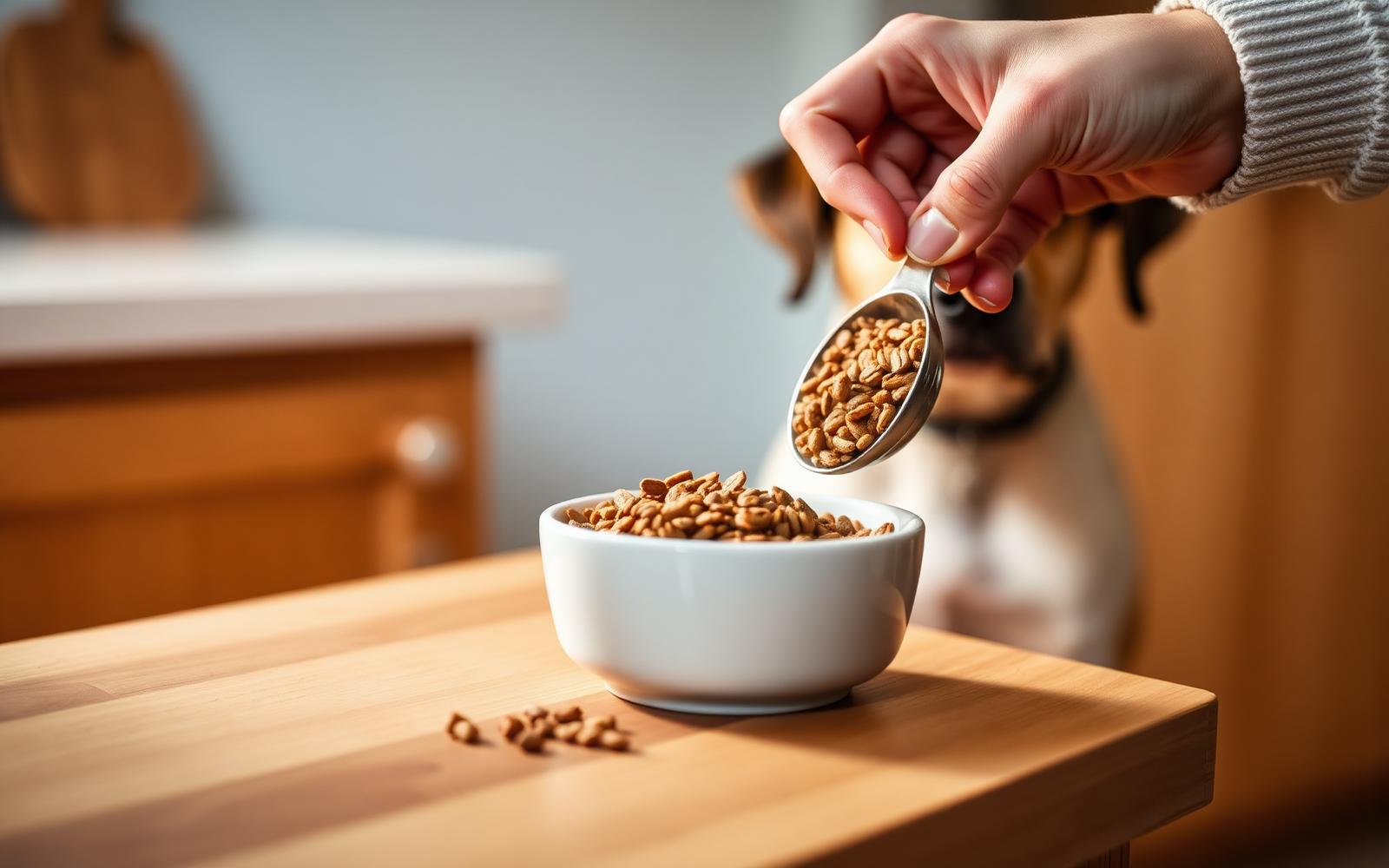 A measured bowl of food being prepared for a waiting dog
