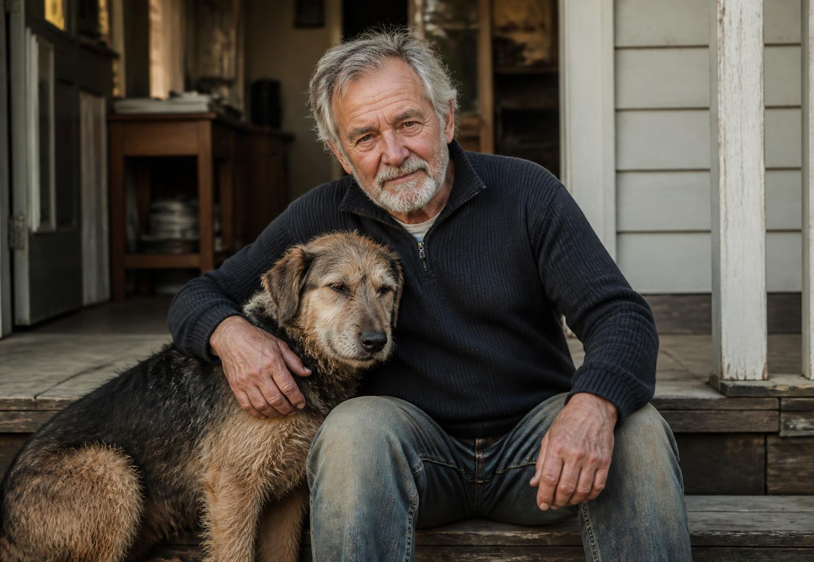 An older man sitting on his front steps with his arm around a scruffy mixed-breed dog
