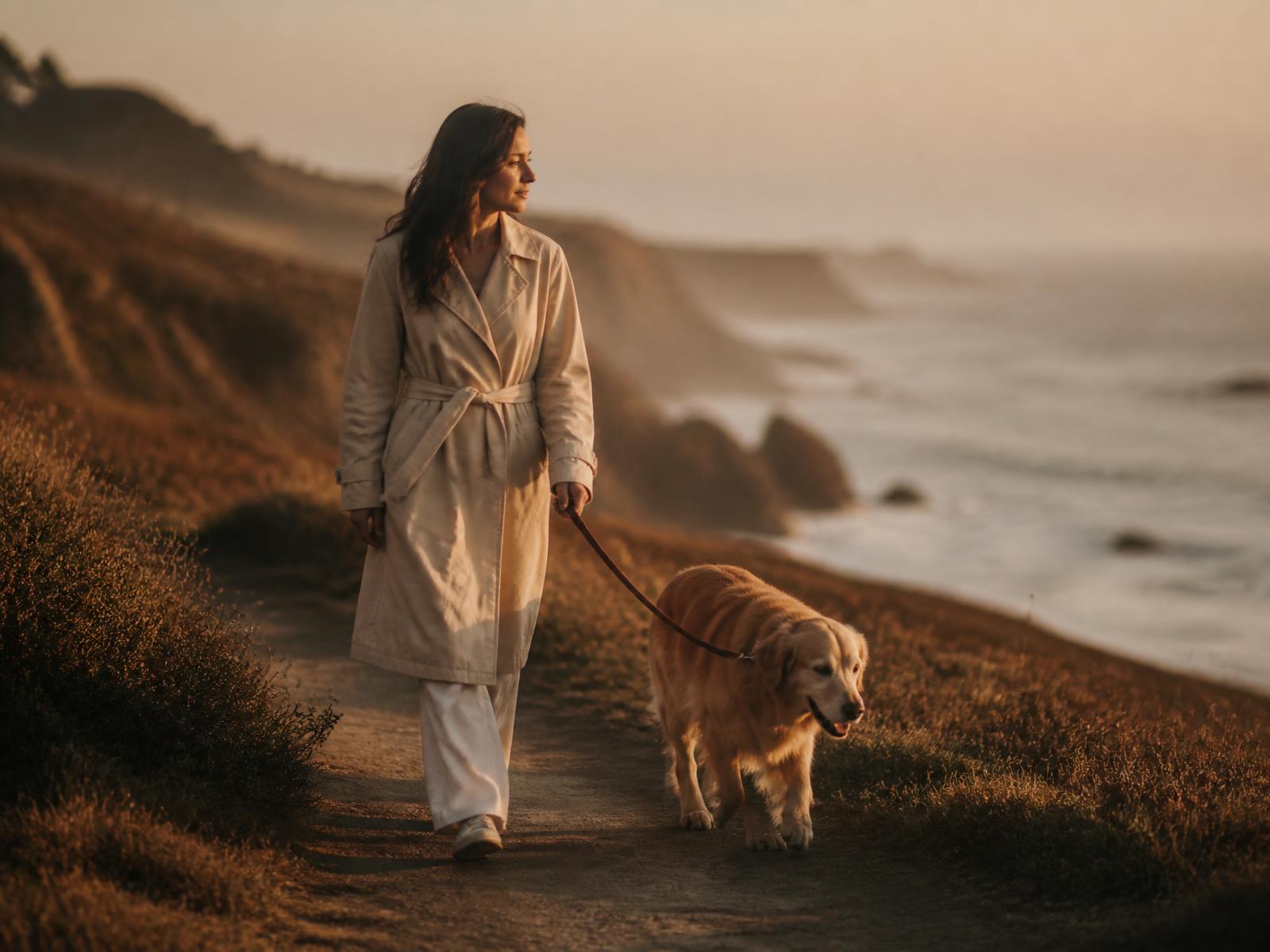 A woman walking a golden retriever along a coastal path at sunrise