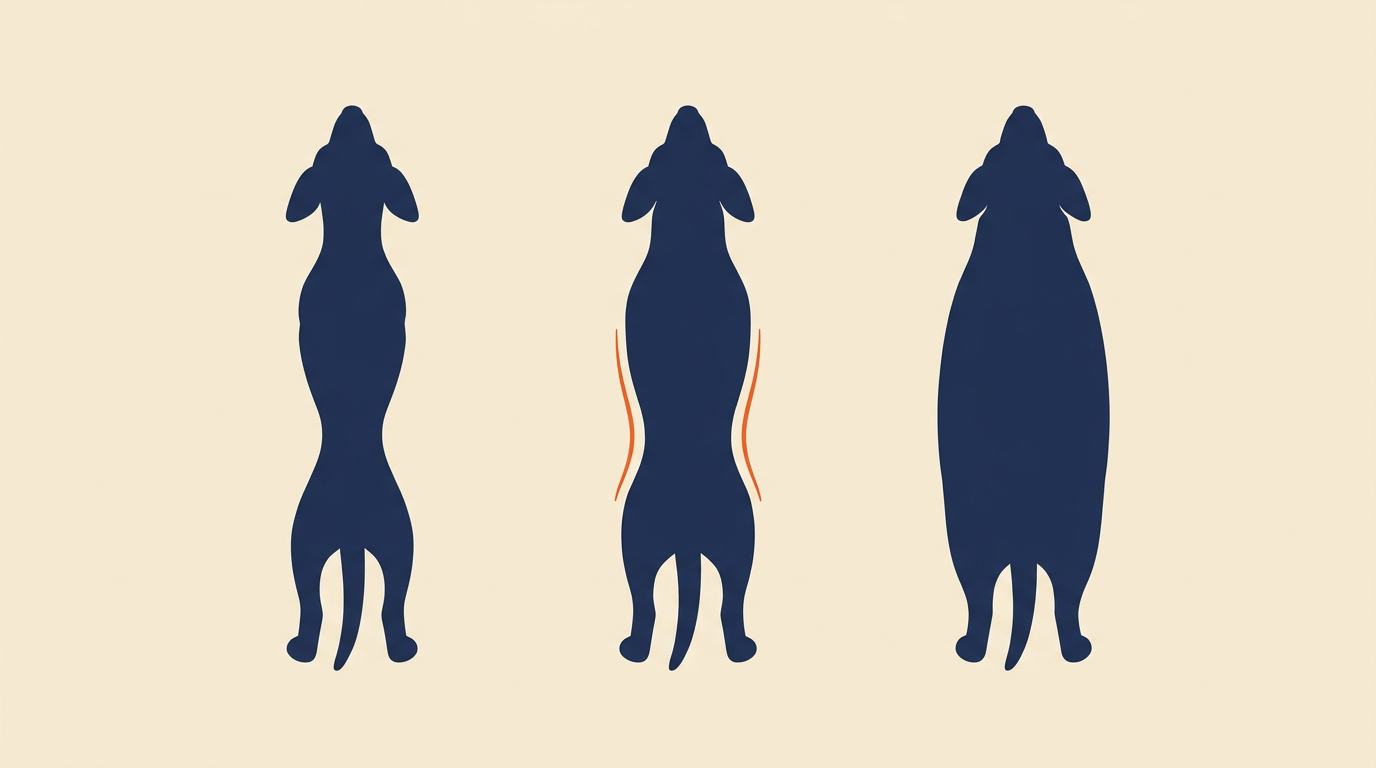 Three outlines of a dog seen from above: too thin, about right with a clear waist, and too heavy