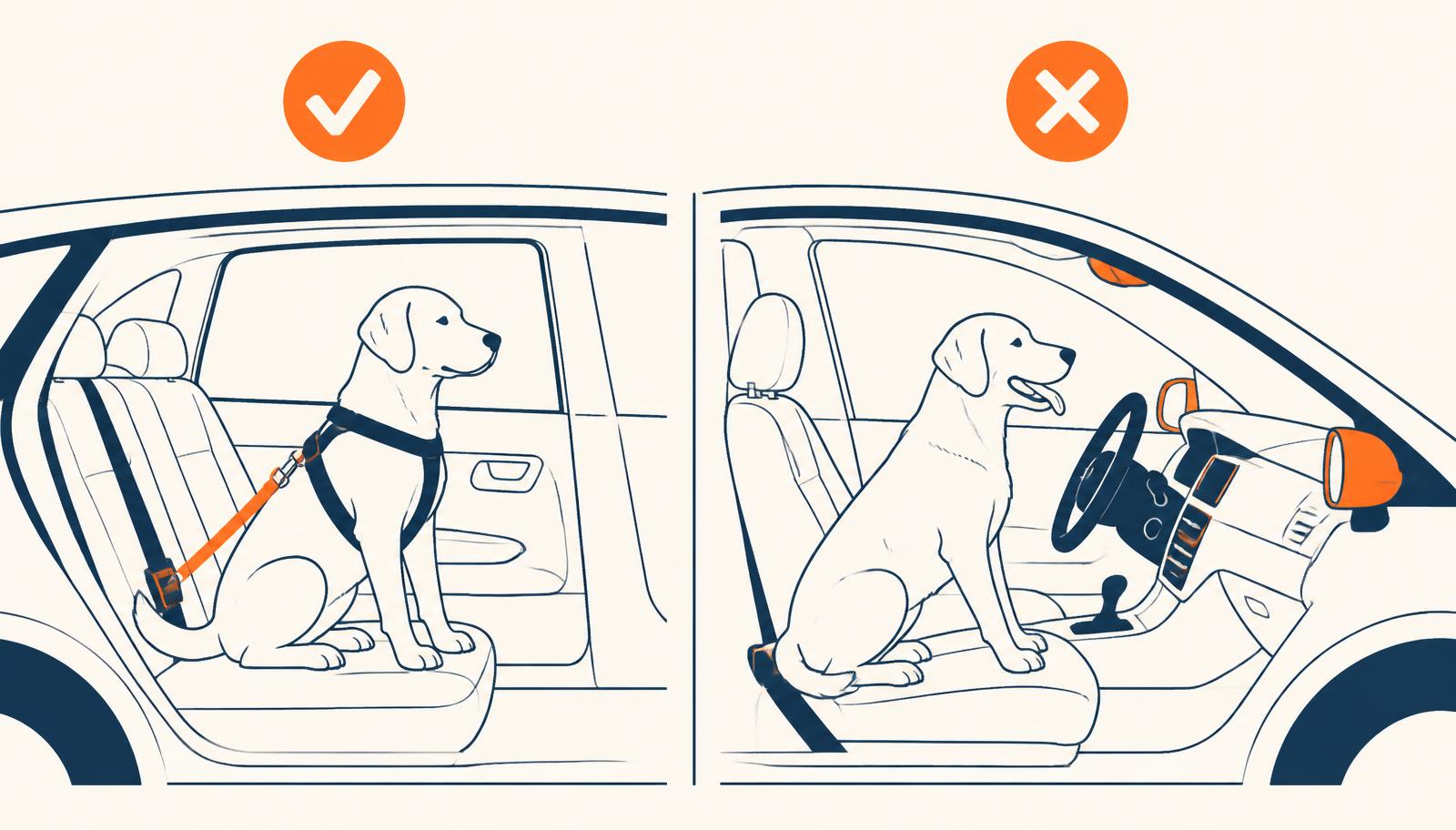 An illustration comparing a dog secured in a crate with an unsecured dog on a car seat