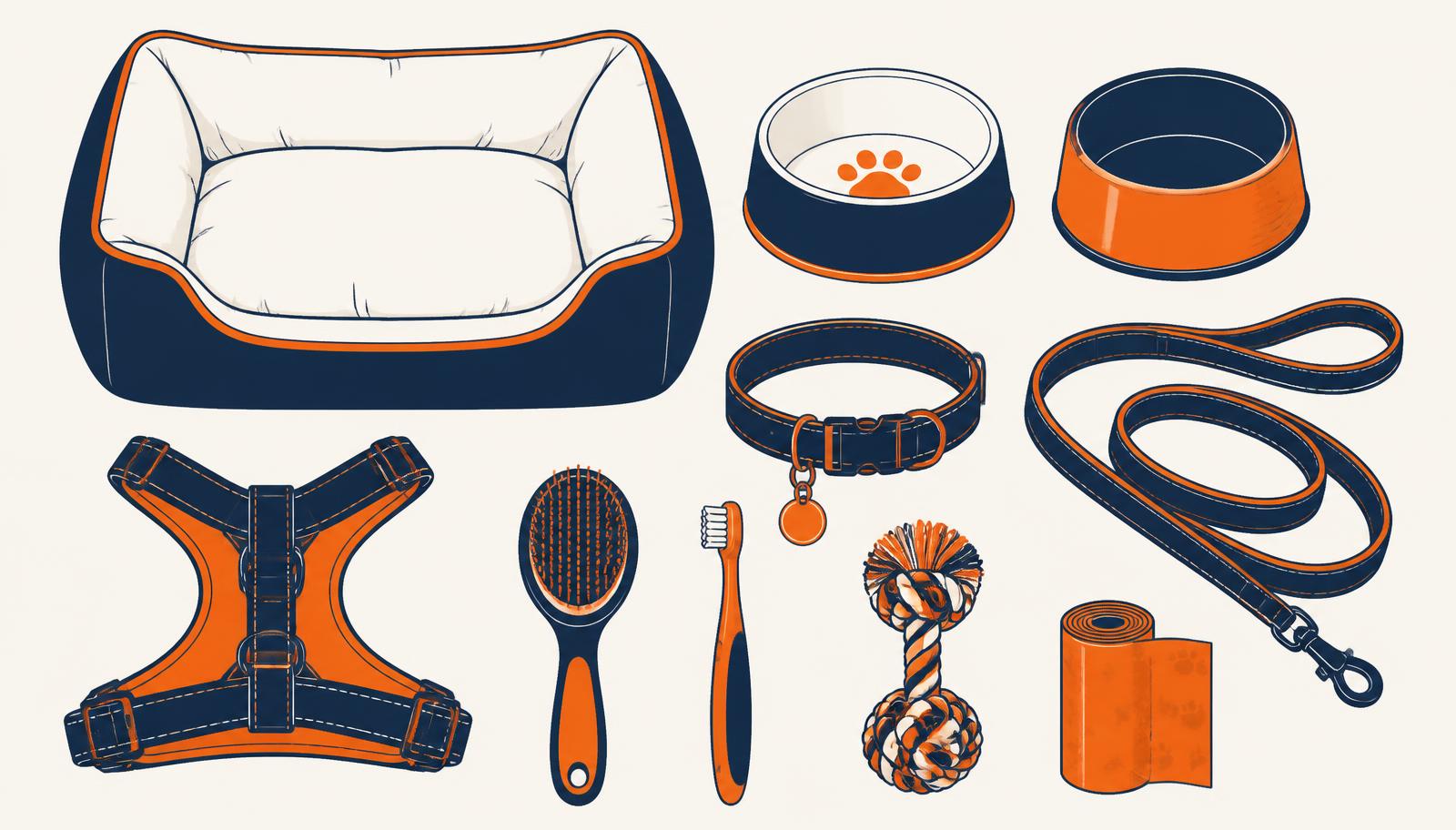 An illustrated flat-lay of a dog bed, bowls, lead, harness and toys