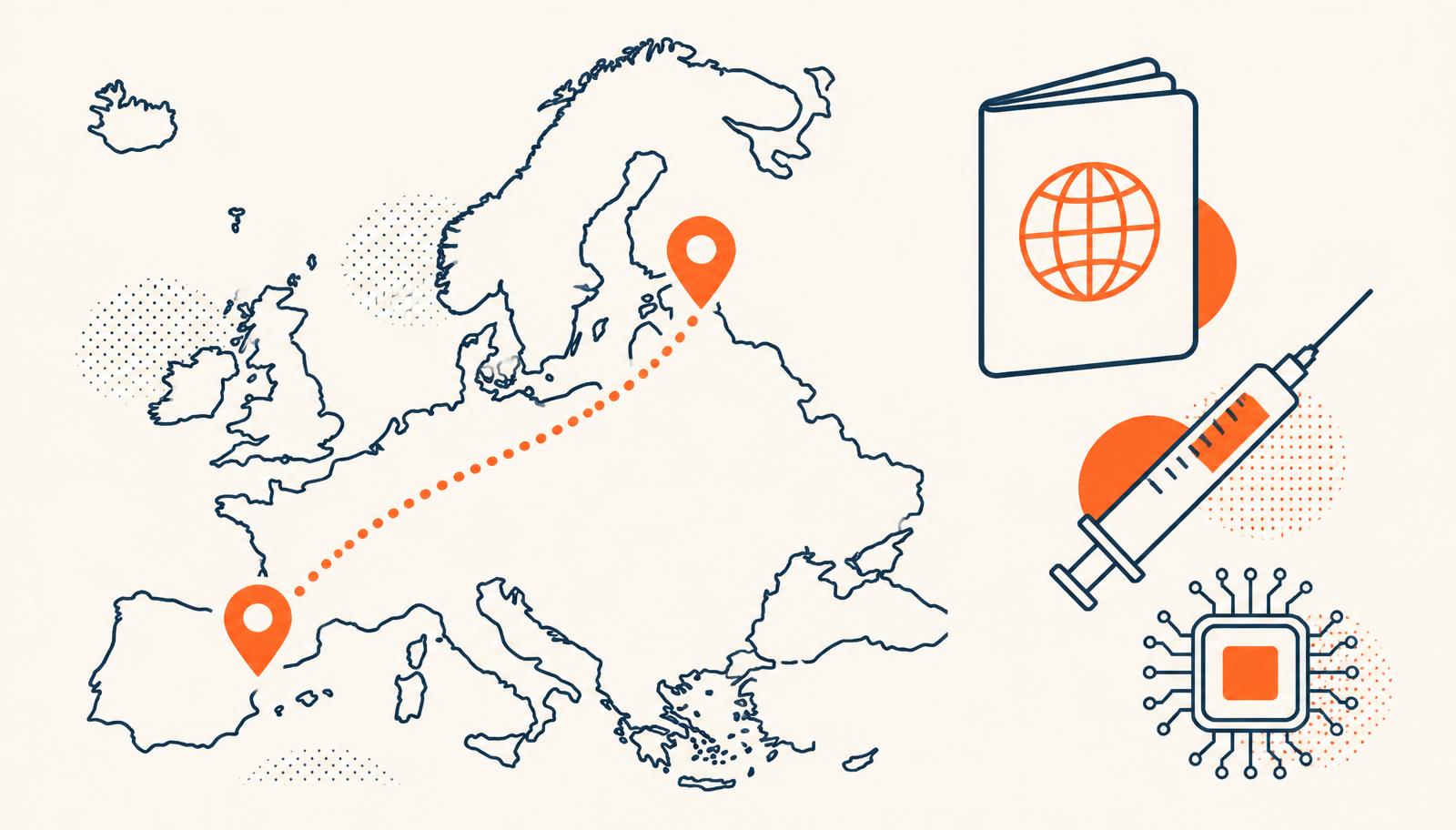 An illustrated pet passport, microchip scanner and travel documents