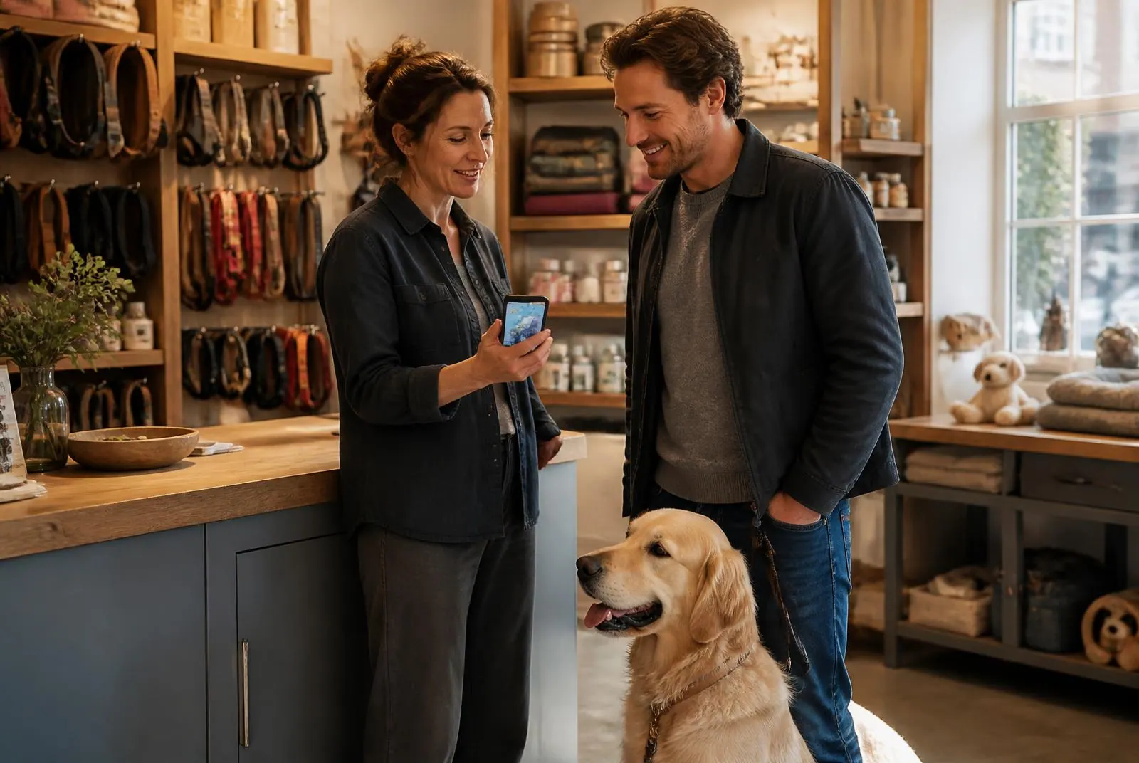 A pet shop owner showing DoggMatch on her phone to a happy customer with his golden retriever