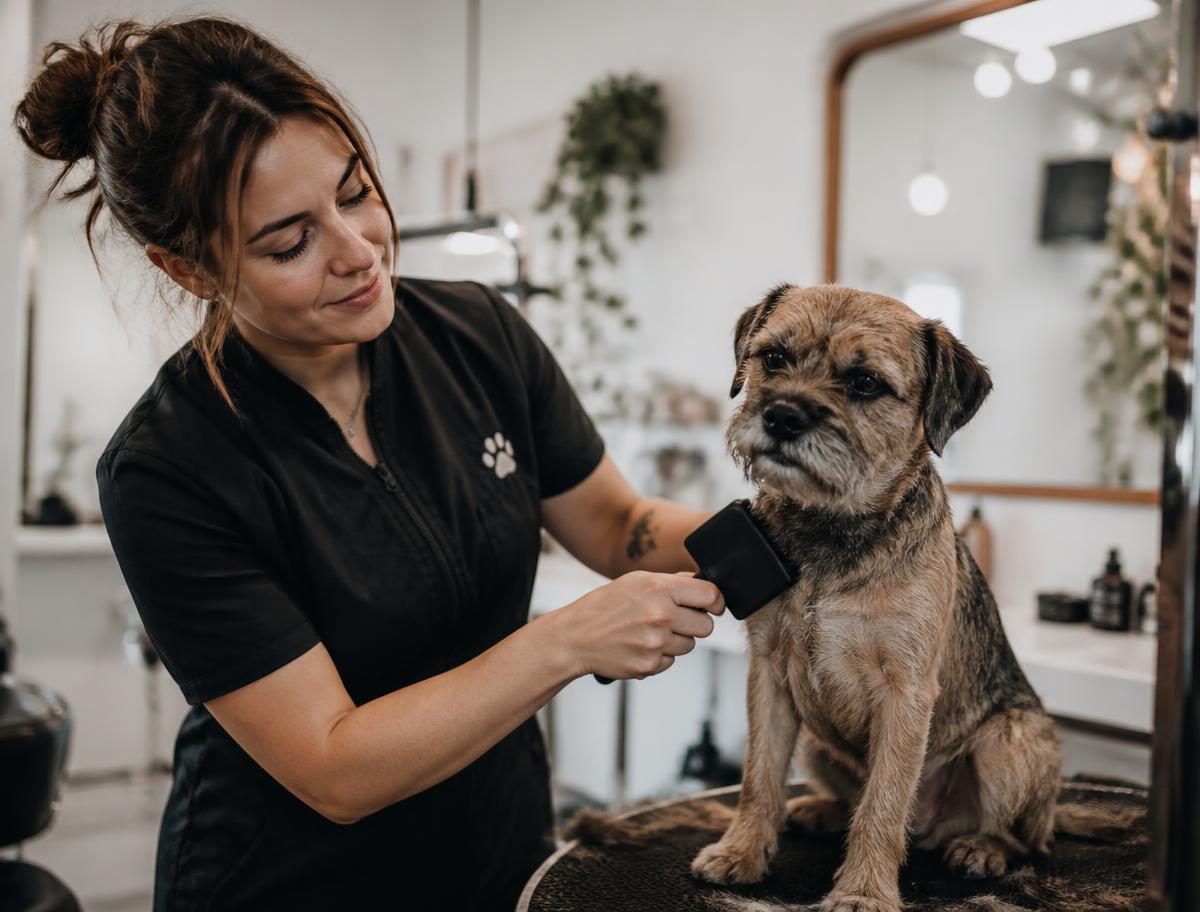 A groomer gently brushing a small terrier in a bright salon