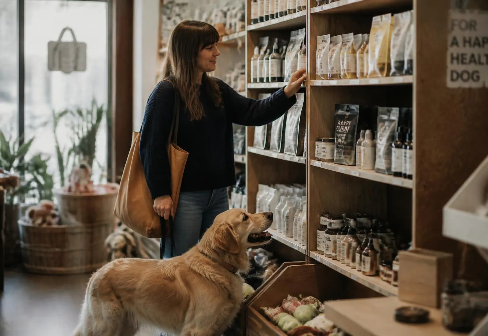 A dog owner and her golden retriever browsing the shelves of an independent pet shop