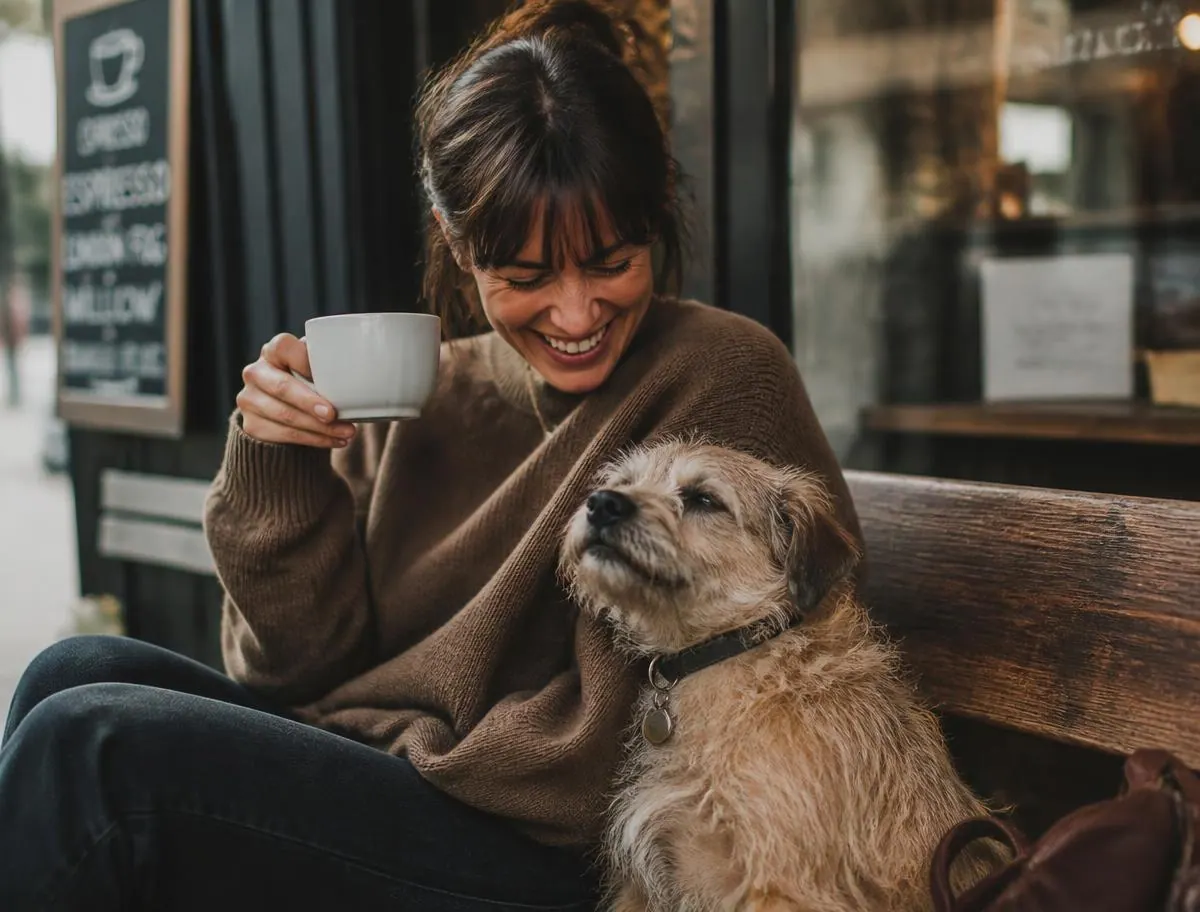 A smiling owner with her rescue dog leaning against her outside a café