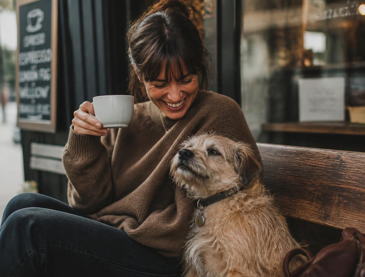 A smiling owner with her rescue dog leaning against her outside a café