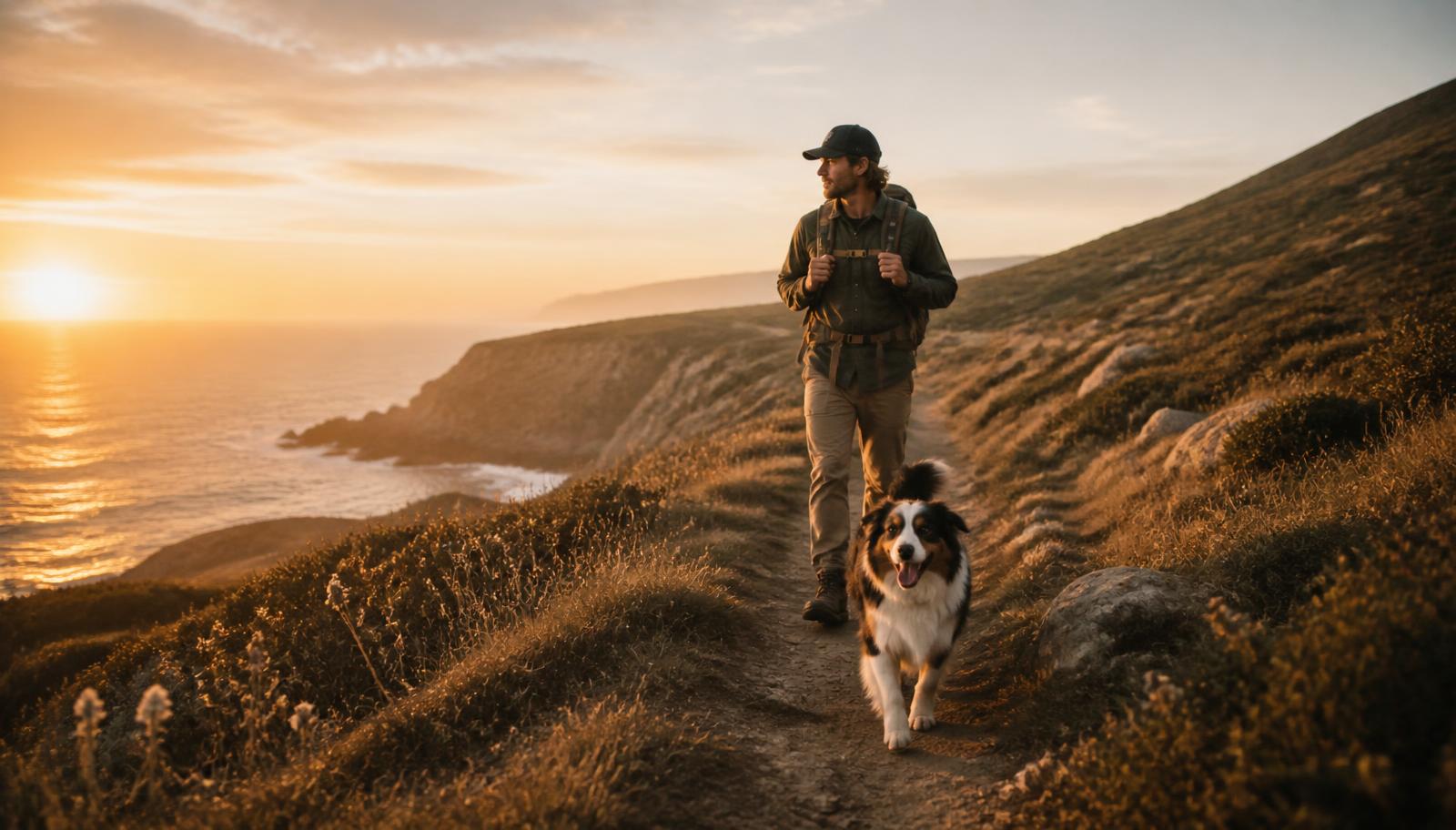 A hiker on a coastal trail at sunrise with his australian shepherd