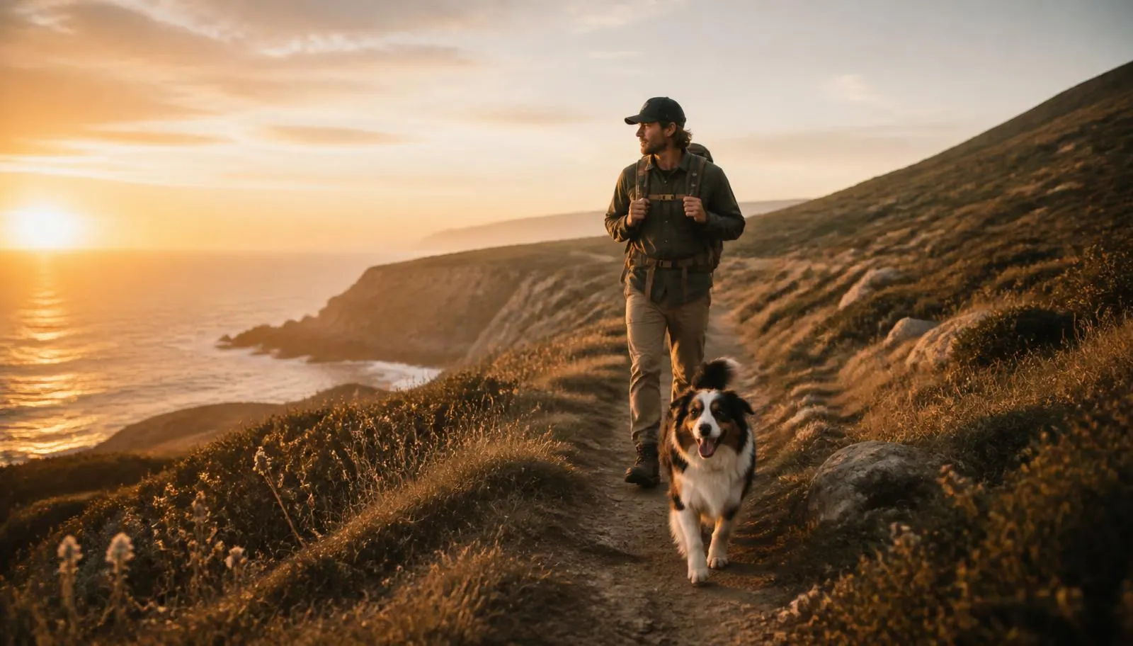 A hiker on a coastal trail at sunrise with his australian shepherd