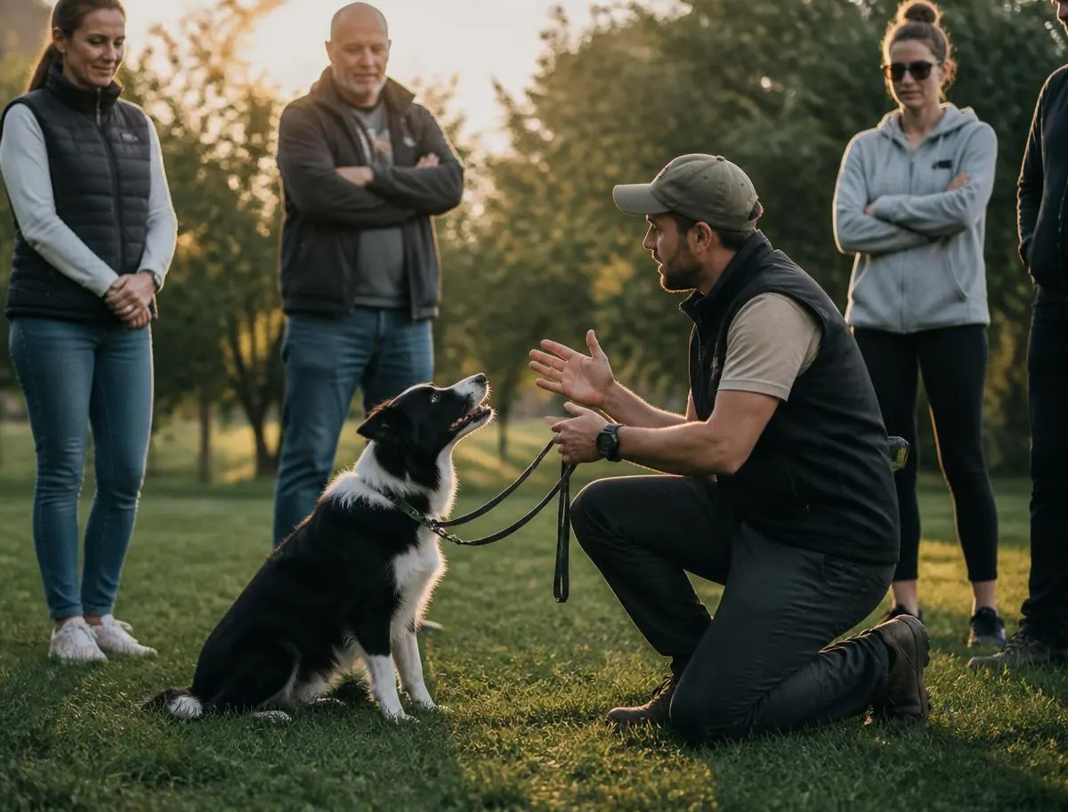 A trainer kneeling beside a border collie during an outdoor class