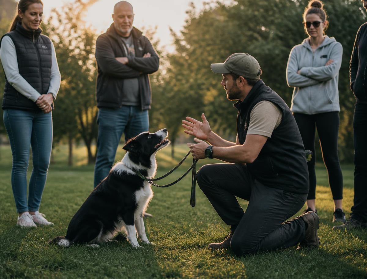 A trainer kneeling beside a border collie during an outdoor class