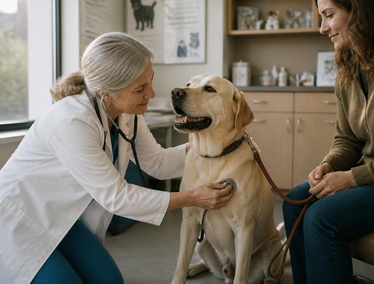 A veterinarian listening to a labrador's heart while the owner sits nearby