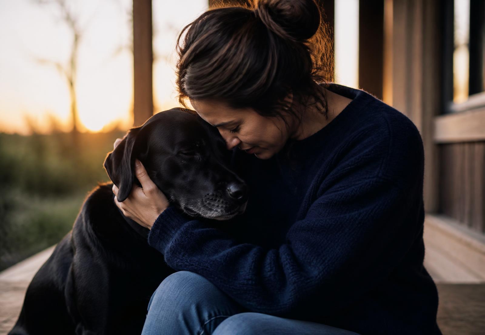 A woman resting her forehead against her labrador at sunset