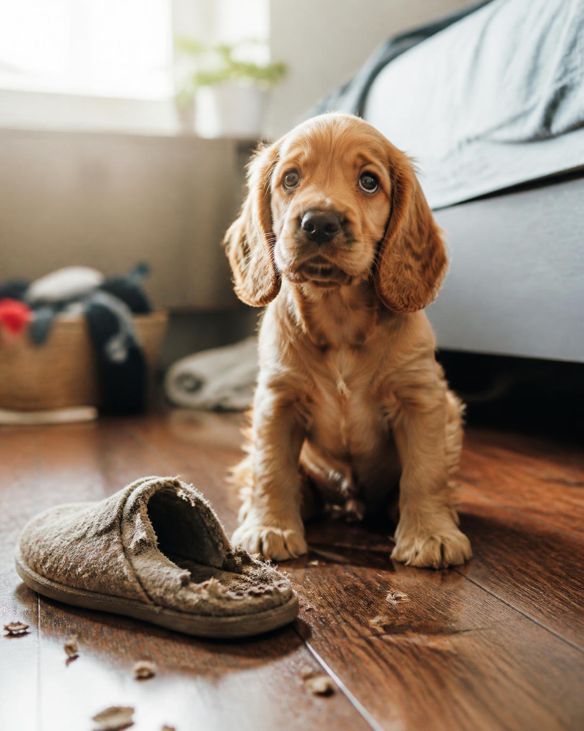 A cocker spaniel puppy sitting beside a chewed slipper