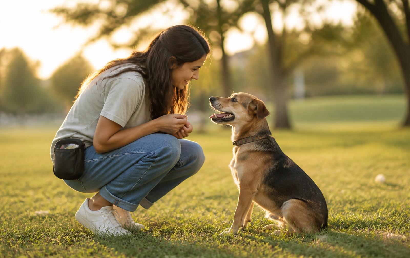 A woman crouching in a park, smiling at her dog