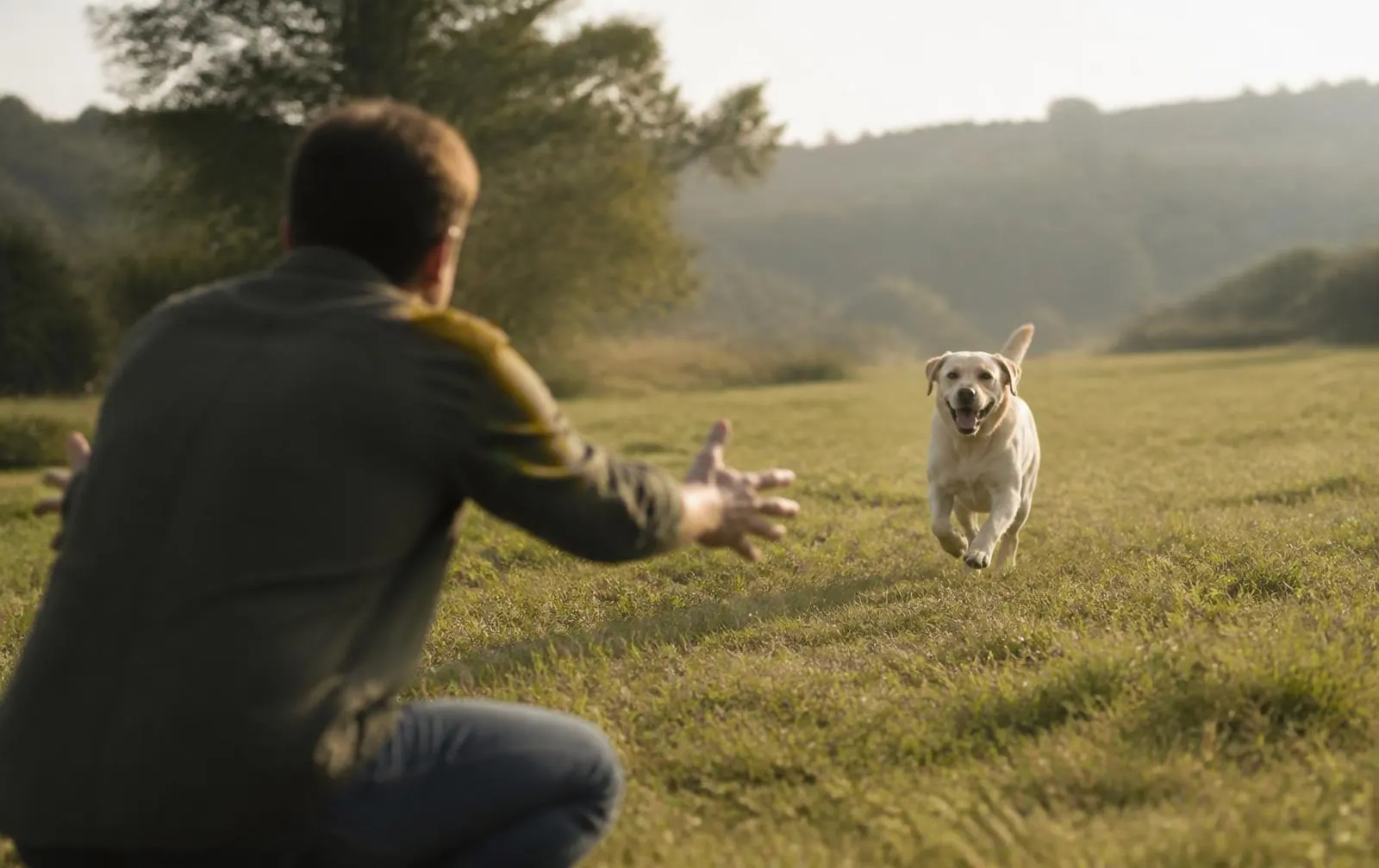 A dog running happily back to their person across a field