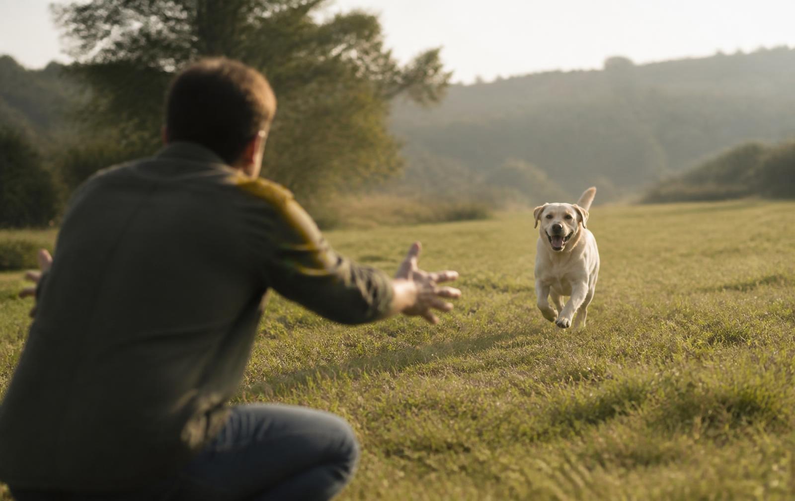 A man practising recall with his dog in a field