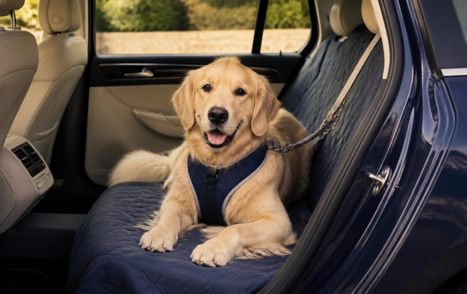 A dog safely harnessed in the back of a car before a trip