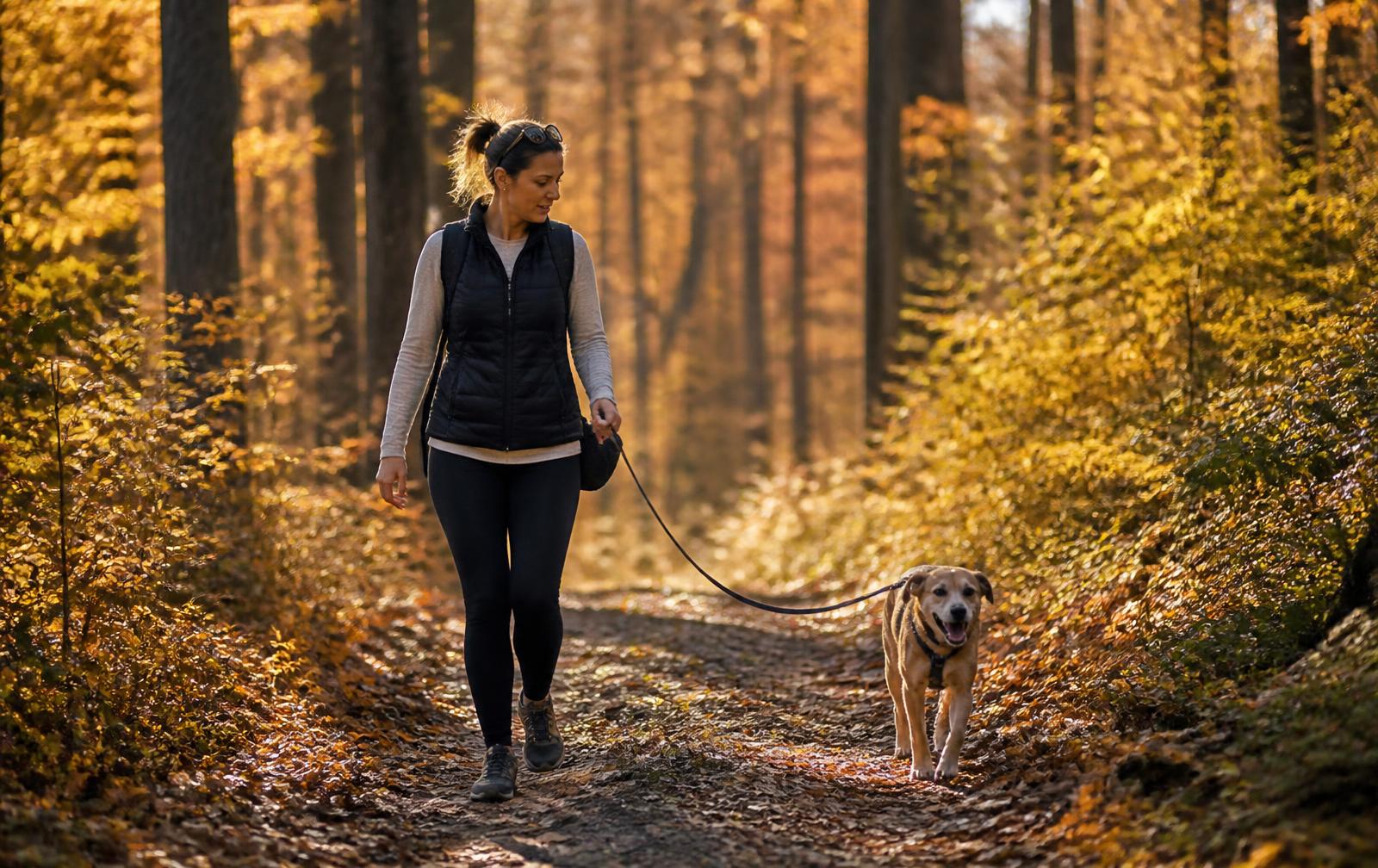 A woman and her dog resting on a mountain trail at golden hour