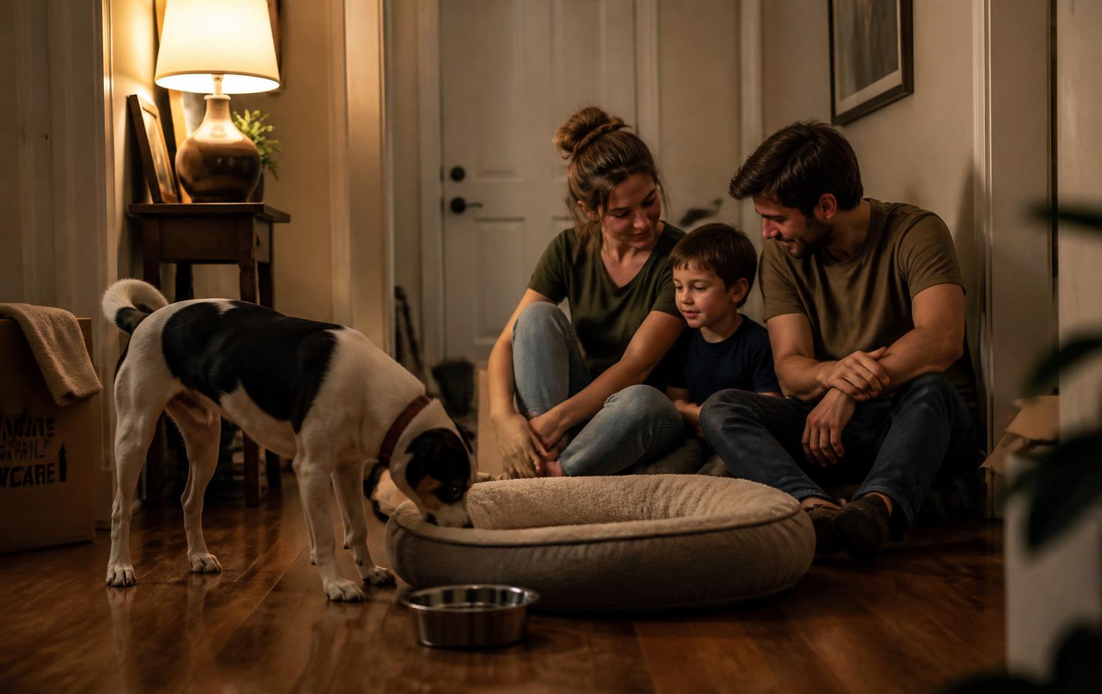 A family sitting quietly on the floor as a newly arrived dog sniffs its new bed